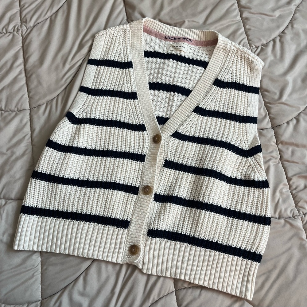 Lucky Brand Women's Navy and Cream Striped Sweater Vest